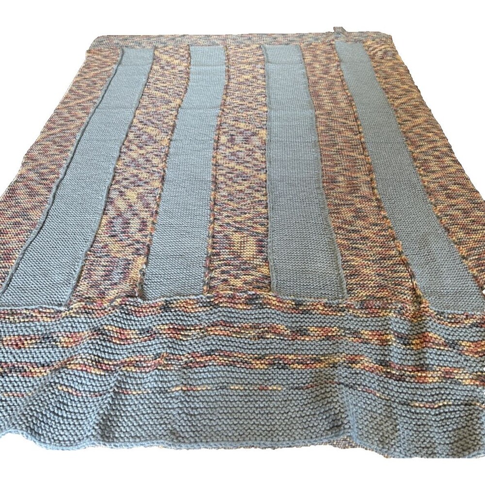 Hand-Knit Throw Panels of Varigated Yarn and Solid Blue Textured Stitching
